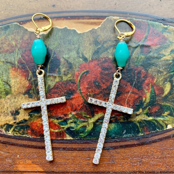 Handmade Crystal & Vint. Aqua Glass Bead Earrings - Picture 3 of 11